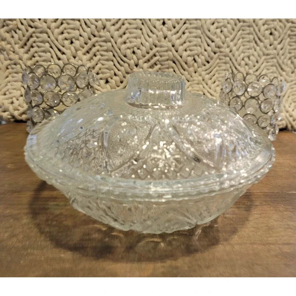 KIG Indonesia Roses in Hearts Pattern Glass Candy Dish with Lid - 1950's